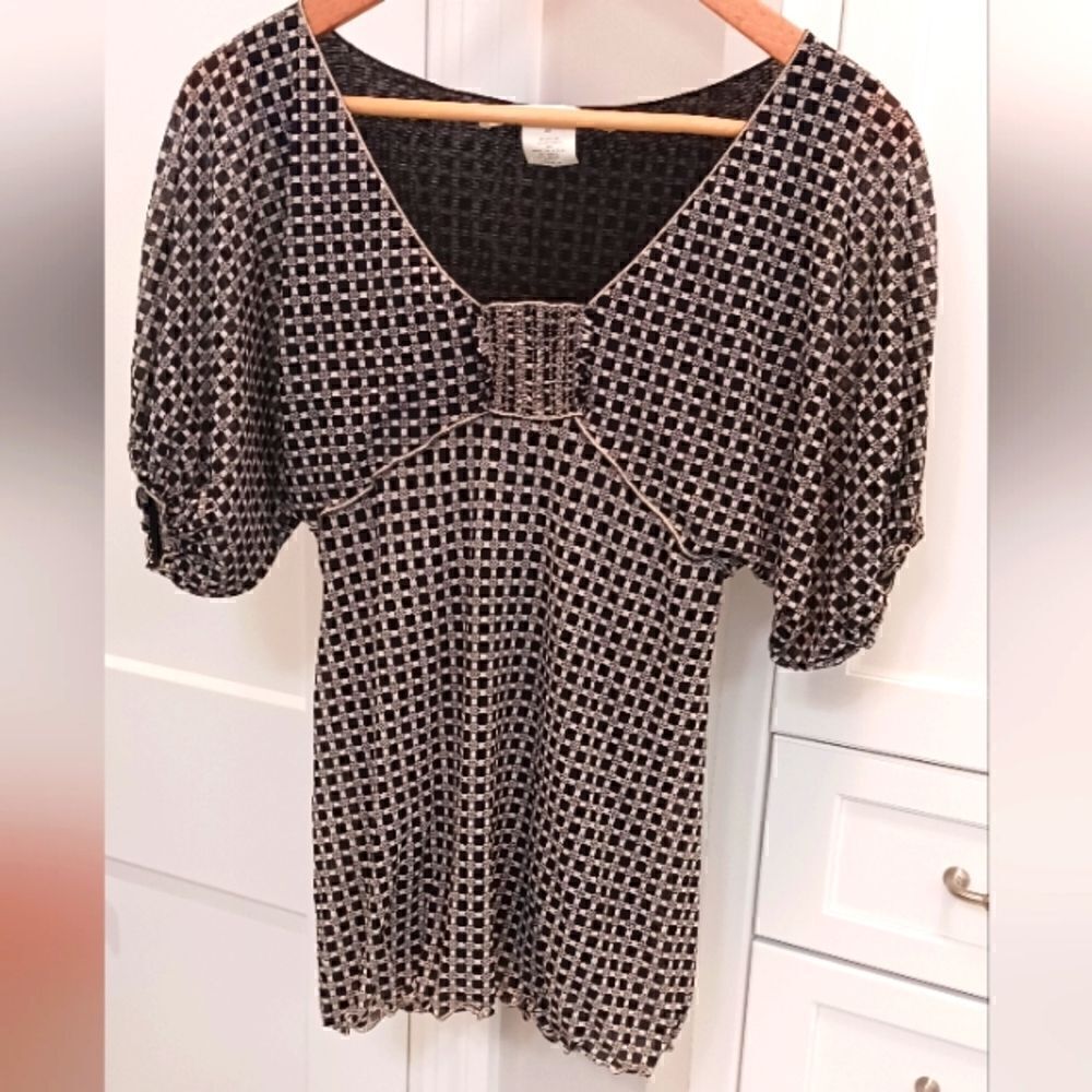 Max Studio Checked V Neck Short Sleeved Blouse XSMALL